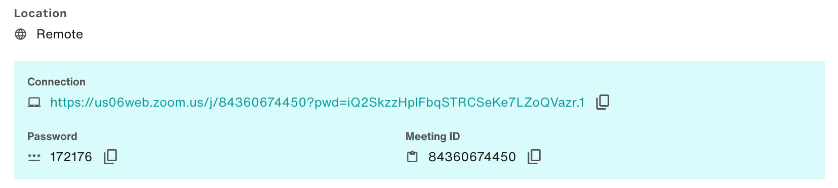 Connection link, Meeting ID, and Password