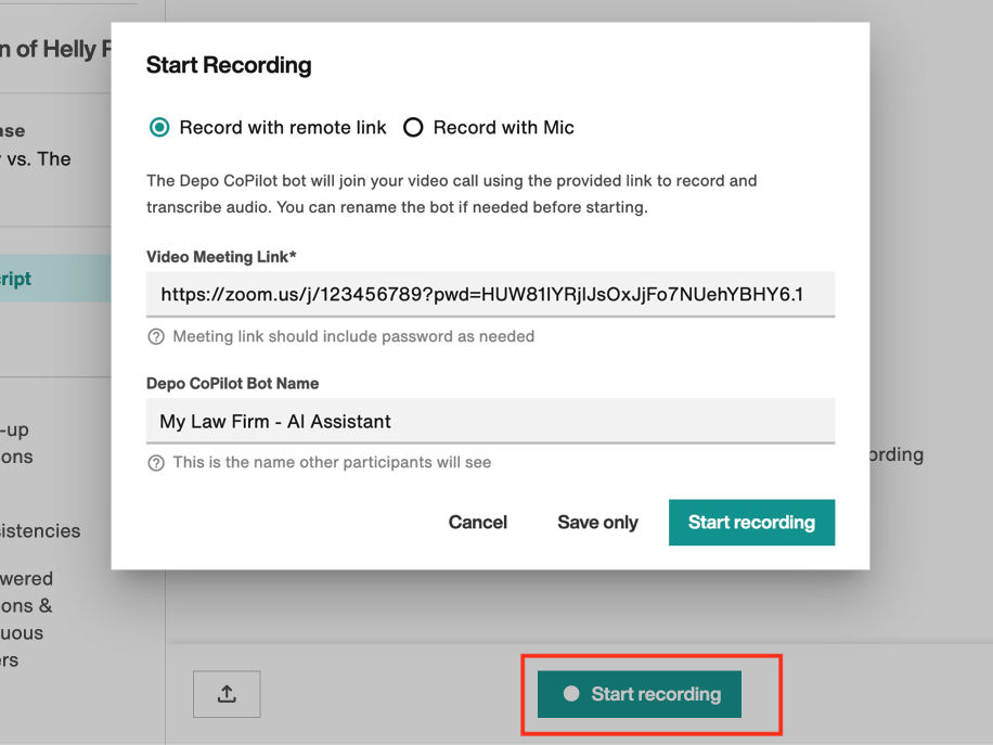 Start Recording modal: Record with remote link