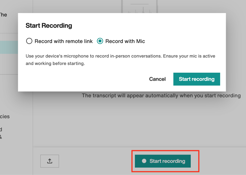 Start Recording modal: Record with Mic