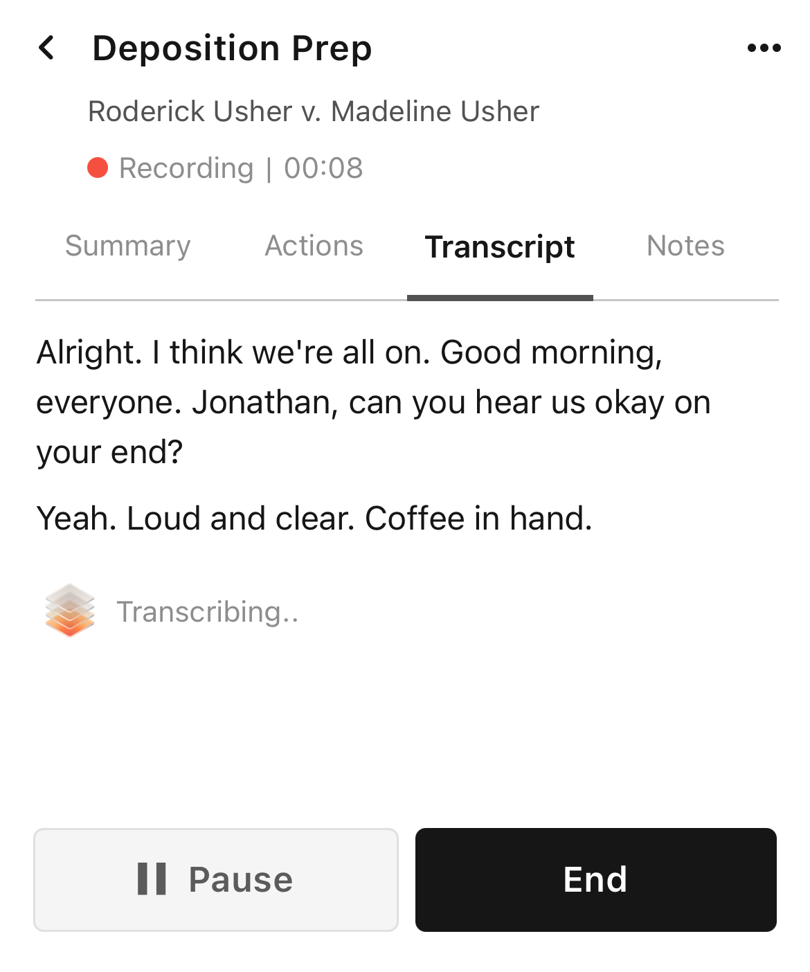 Meeting Details: Transcript tab showing live transcription