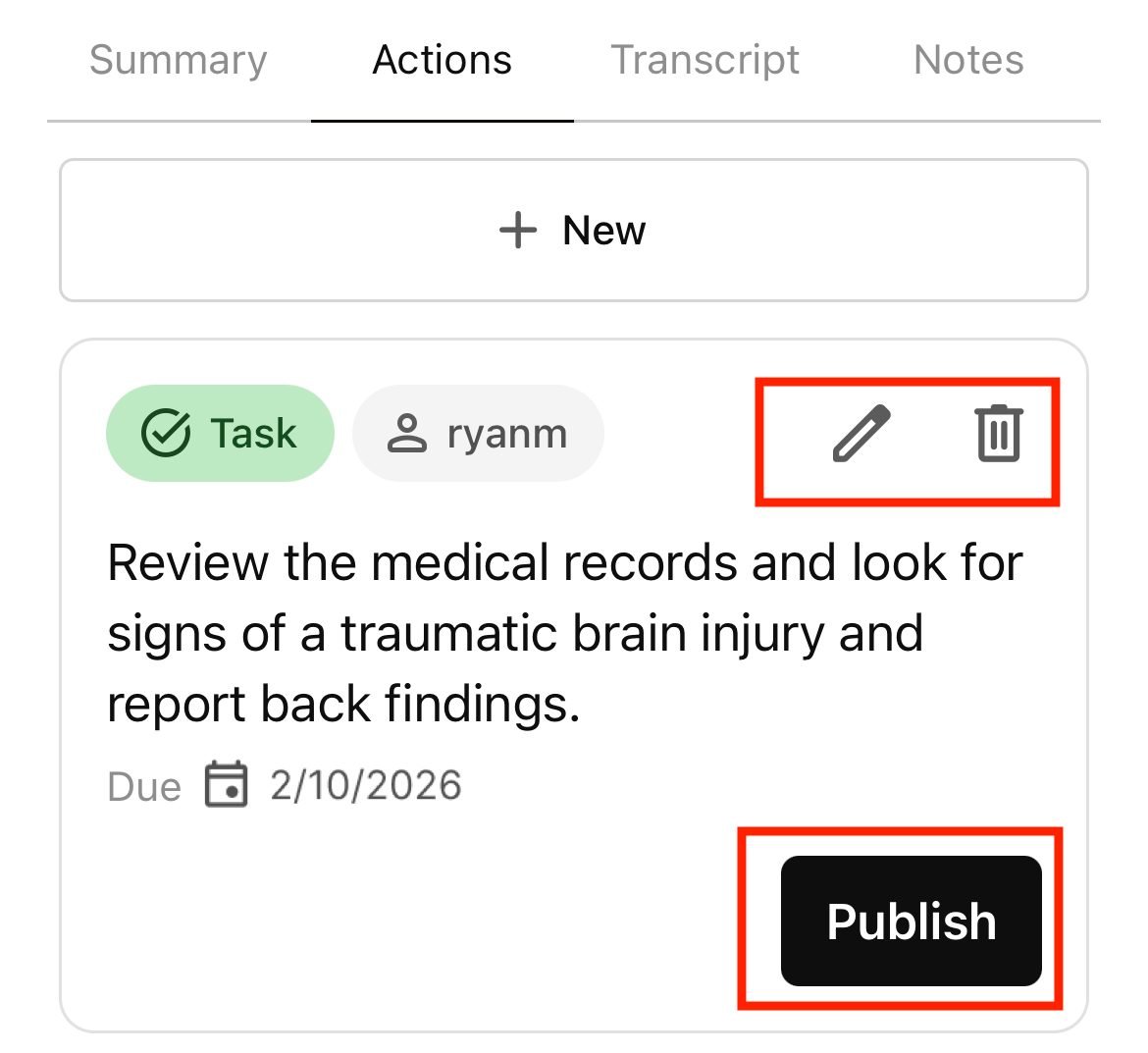 Actions tab: edit, delete, or publish suggested action