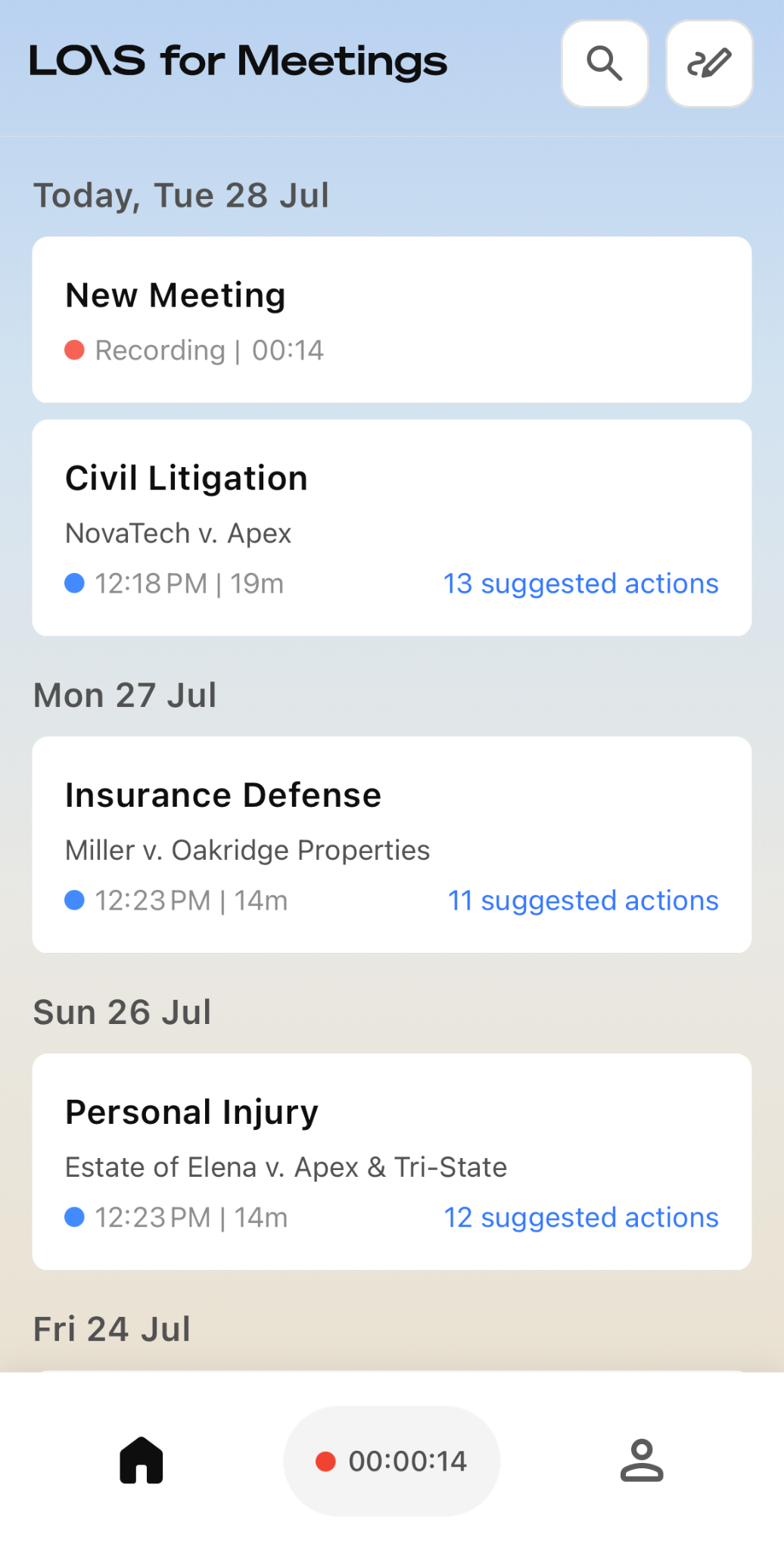 Meetings app: Home screen