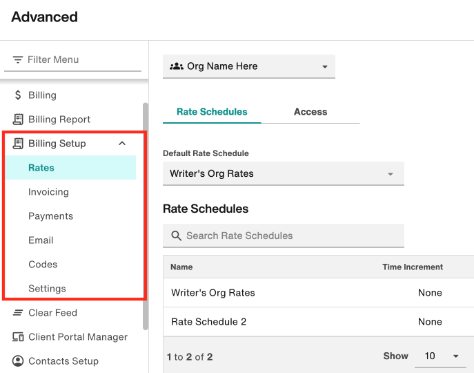Billing Setup Advanced tool: the six sub-sections are displayed