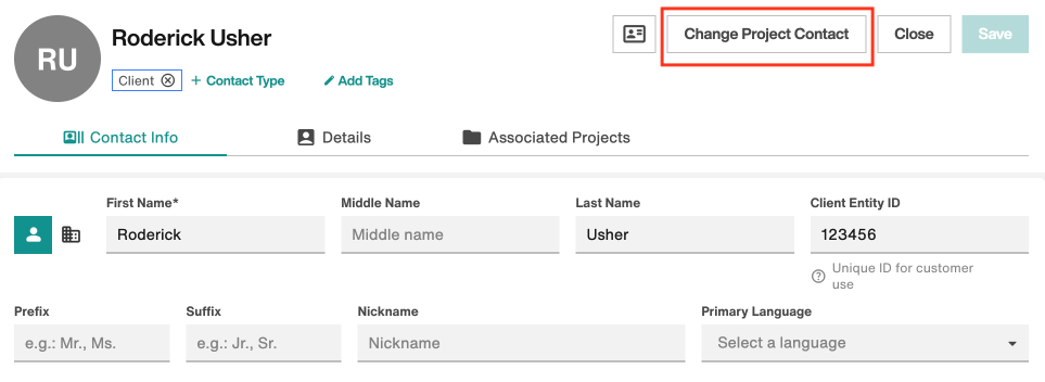 Change Project Contact button
