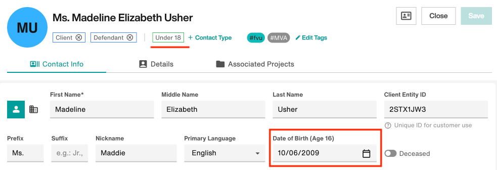 Date of Birth field and Under 18 tag