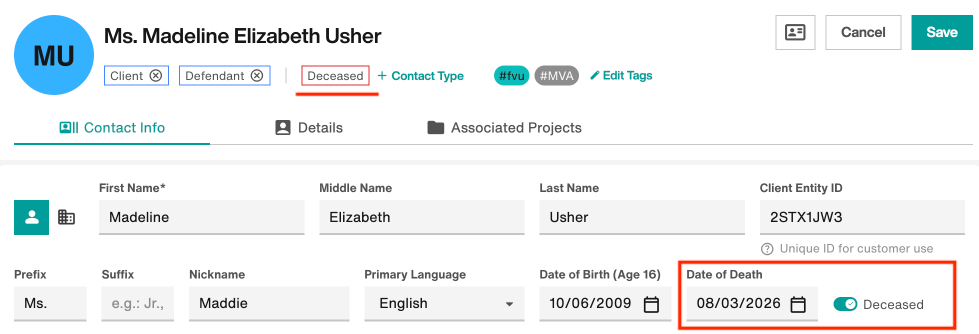 Date of Death field, Deceased toggle, and Deceased tag