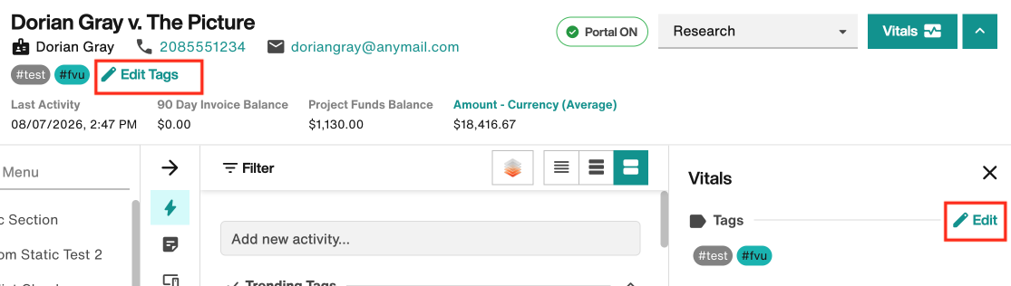 Manage project tags in Vitals bar or Vitals flyout