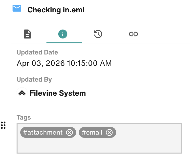 In the Information tab of the Properties flyout, document tags are displayed.