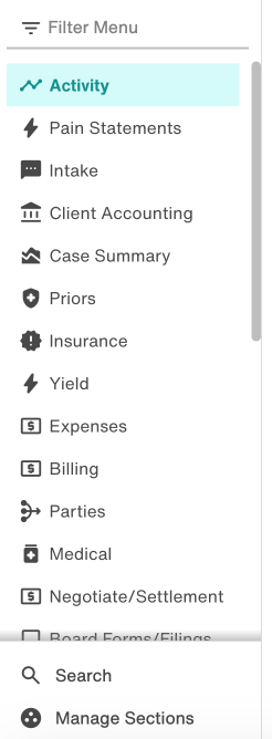 Lefthand side menu showing available project sections