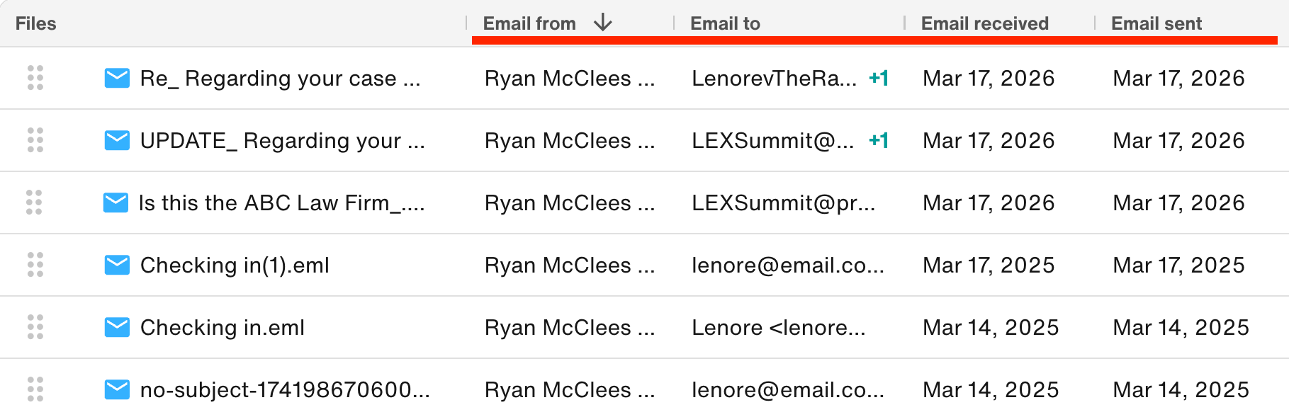 Email from, Email to, Email received, Email sent