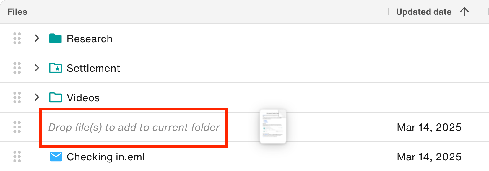 Drop file(s) to add to current folder (New Docs section)