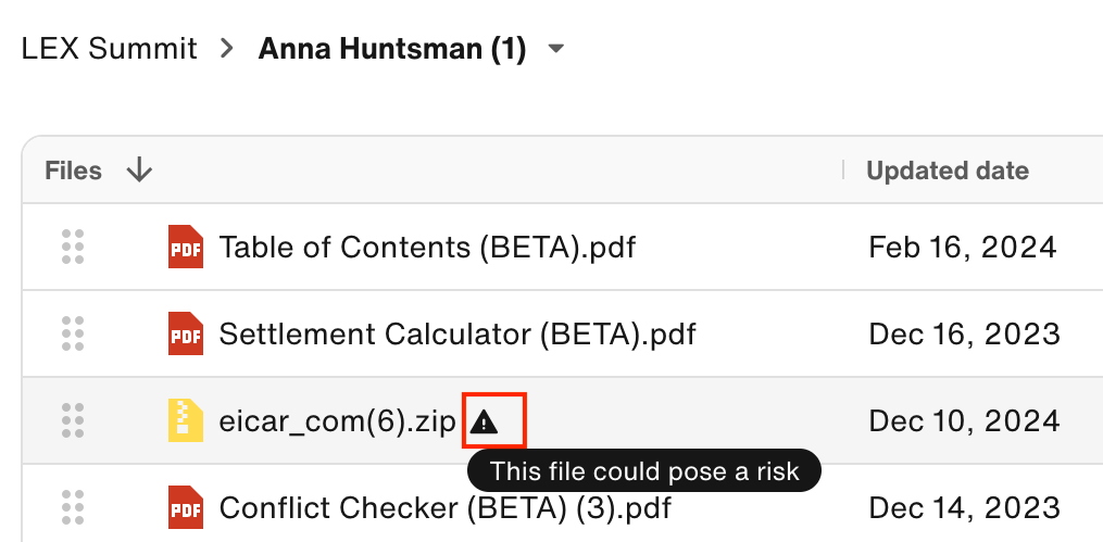 Warning icon: This file could pose a risk