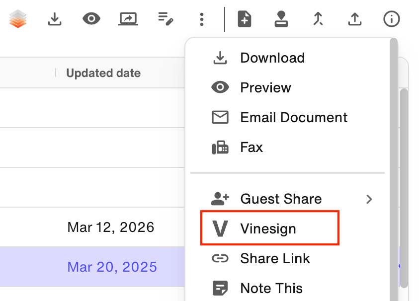 Document options menu: Vinesign