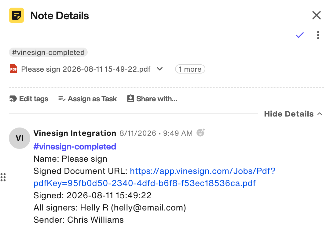 Note item with Vinesign document details and vinesign-completed tag