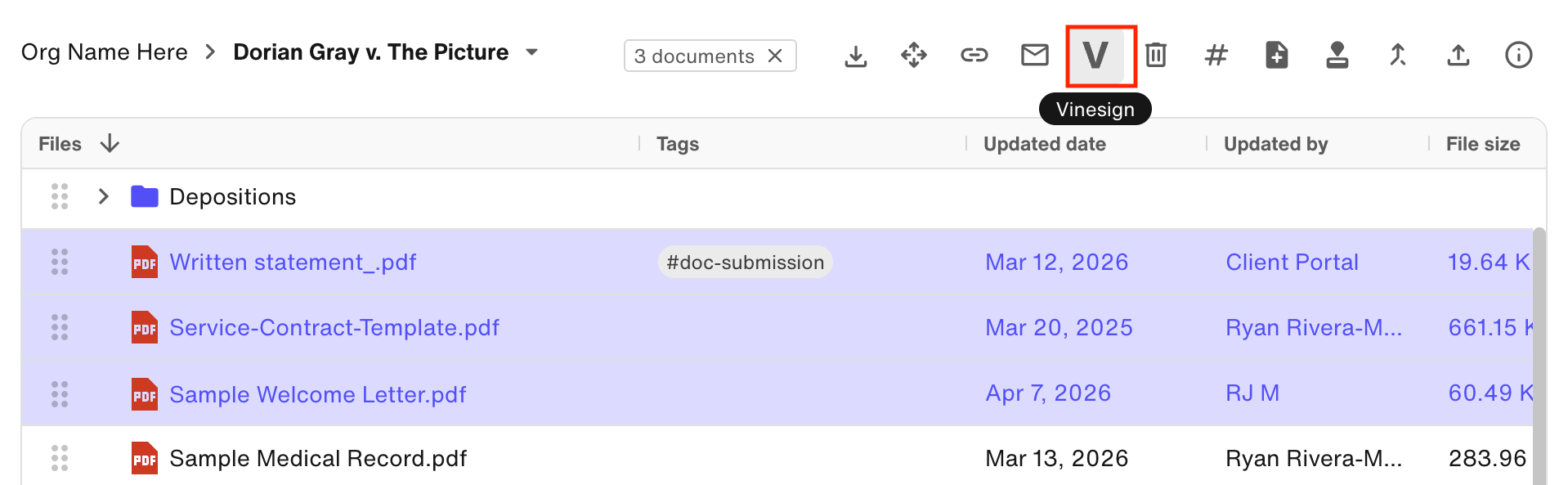 Select documents, and then click the Vinesign icon