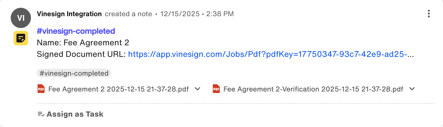 Note item with Vinesign document details and vinesign-completed tag