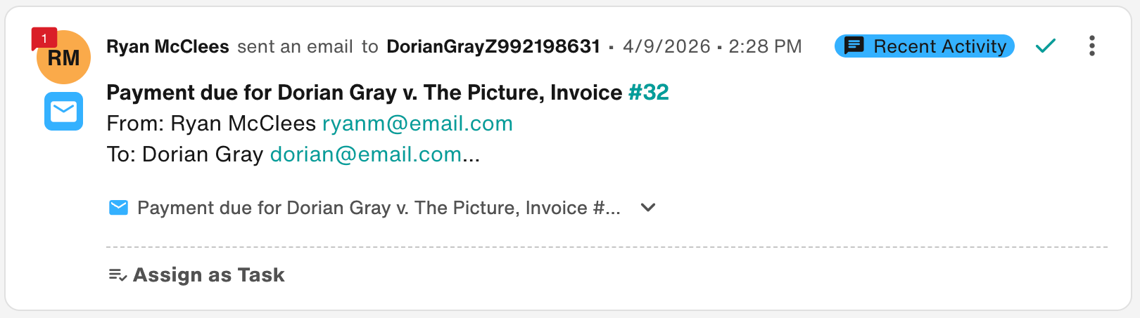 Email item in the project's Activity Feed