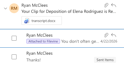 Expanded email thread: One message shows the Attached to Filevine category tag
