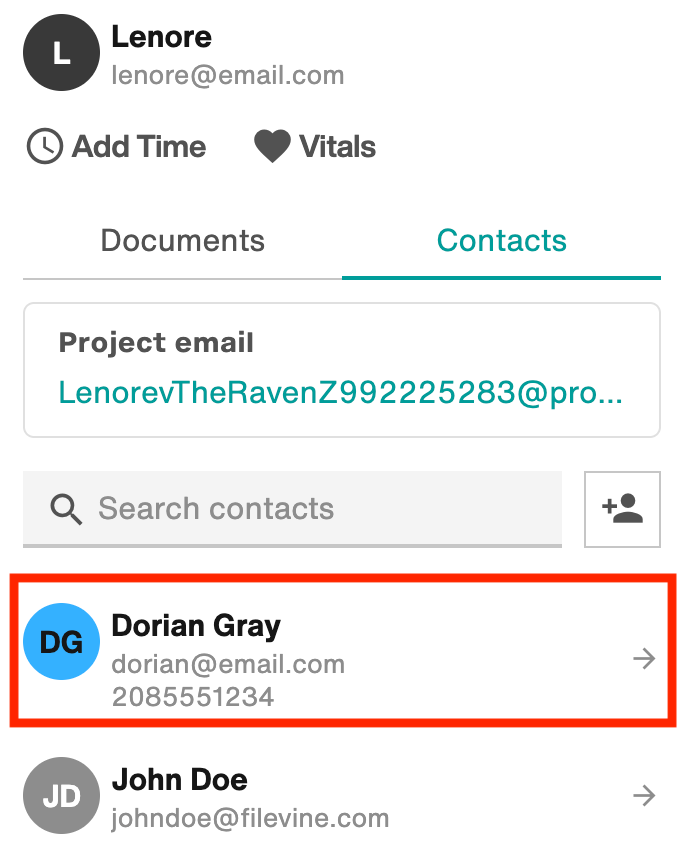 Select a project contact to add as a recipient