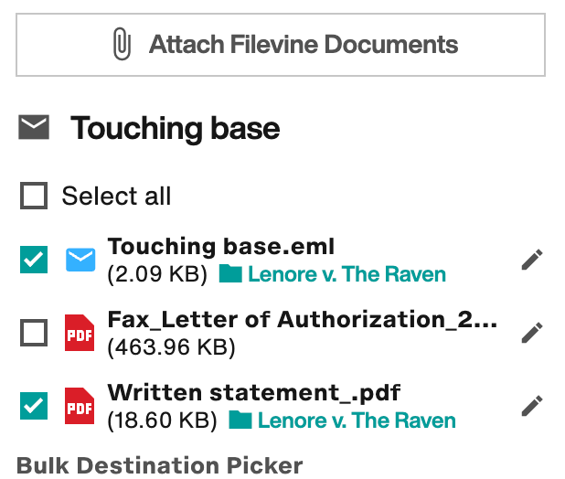 Select email attachments to send to Filevine