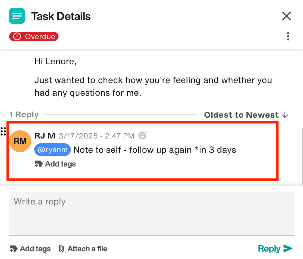 Comment above is displayed as a reply to a task item in the project