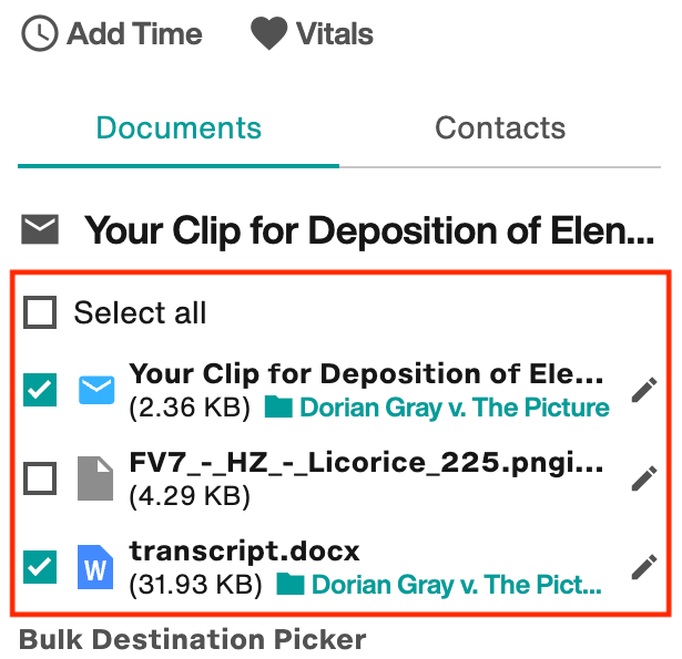 Select email attachments to send to Filevine