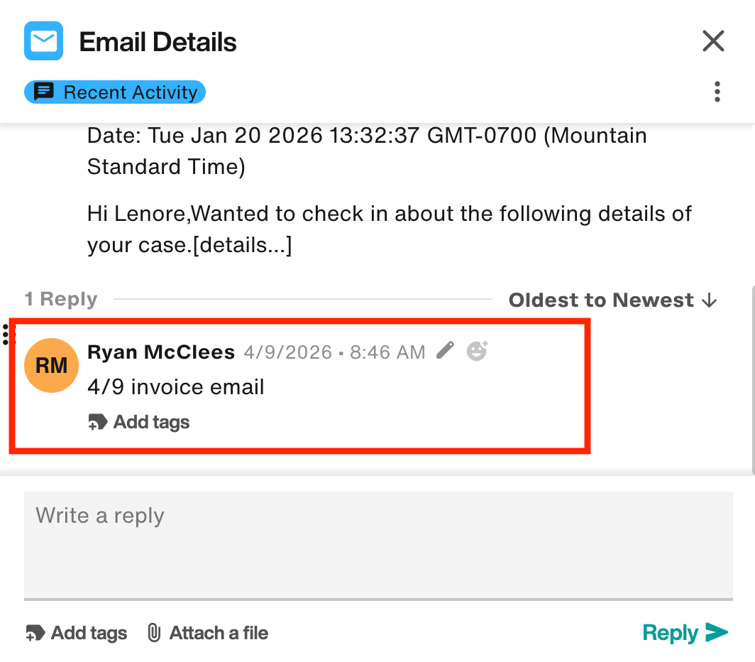 Comment above is displayed as a reply to an email item in the project