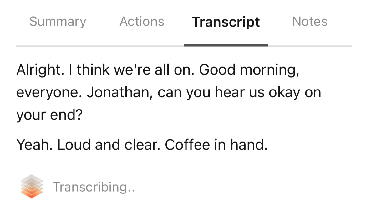 Transcript tab showing live transcription