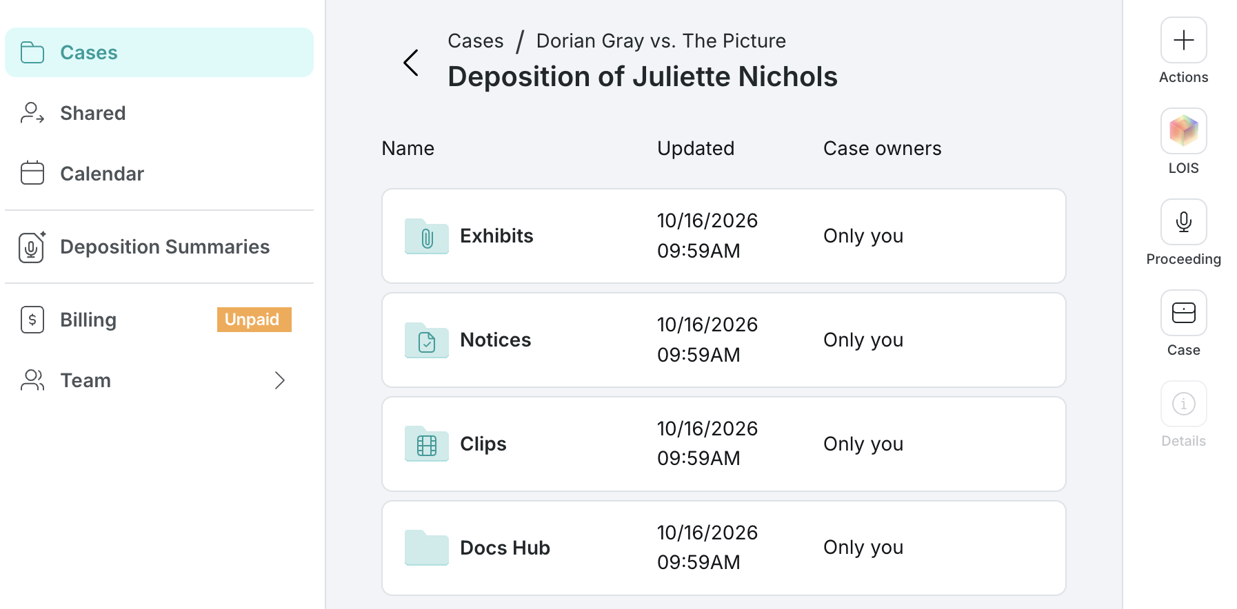 A sample proceeding's folders are displayed.