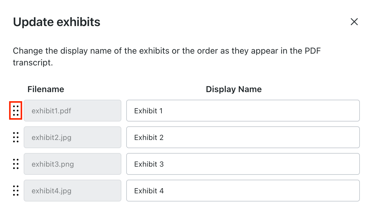 Click and drag the six dots to reorder exhibits