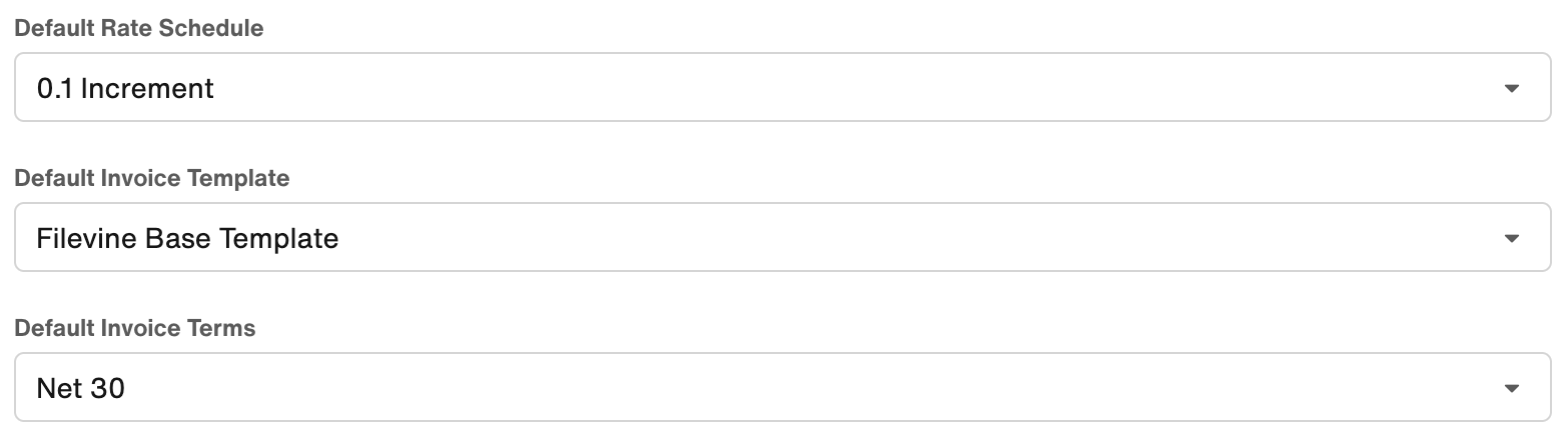 Default rate schedule, default invoice template, and default invoice terms