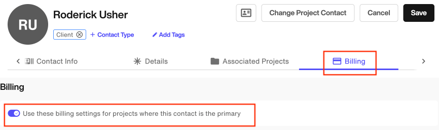 Billing tab: Use these billing settings for projects where this contact is the primary
