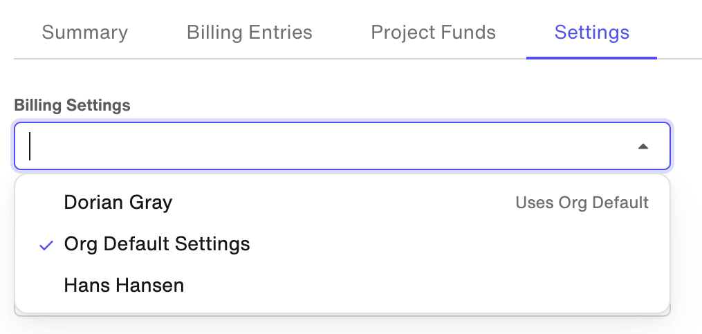 Billing Settings dropdown
